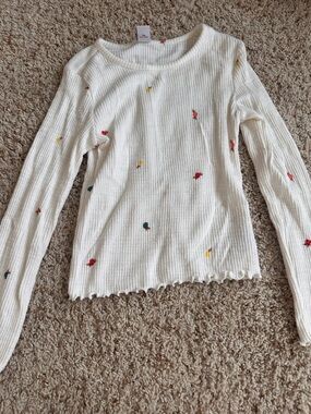 Old Navy Cream Ribbed Long Sleeve Top with Small Multicolor Dots